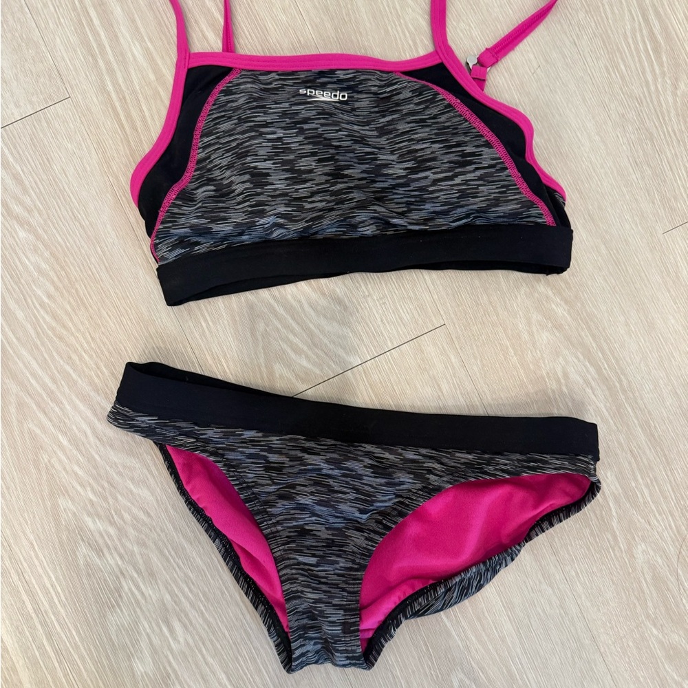 Speedo Black Heather with Pink Trim Two-Piece Swim Set